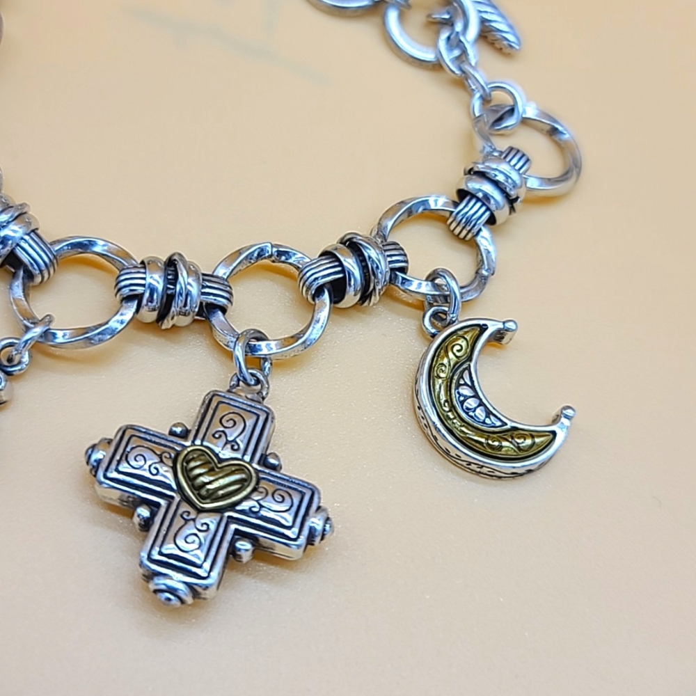 $110 Brighton "CHERISH" Multi Two-Tone Cross, Moon, & Heart Charm Bracelet RARE - Picture 3 of 11
